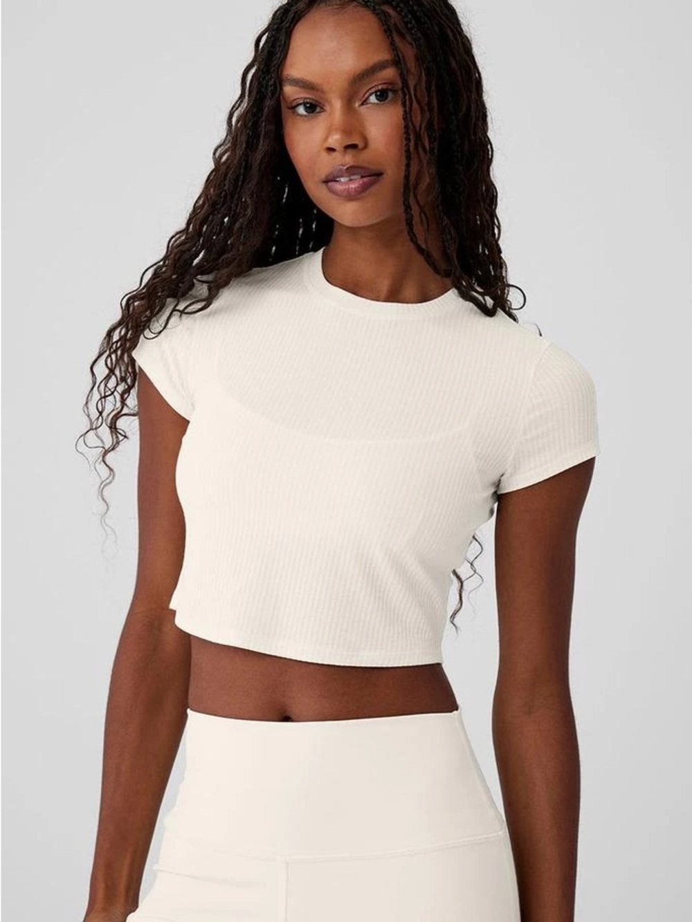ALO Yoga Ribbed Sea Coast Cropped Short Sleeve Tee Ivory XS